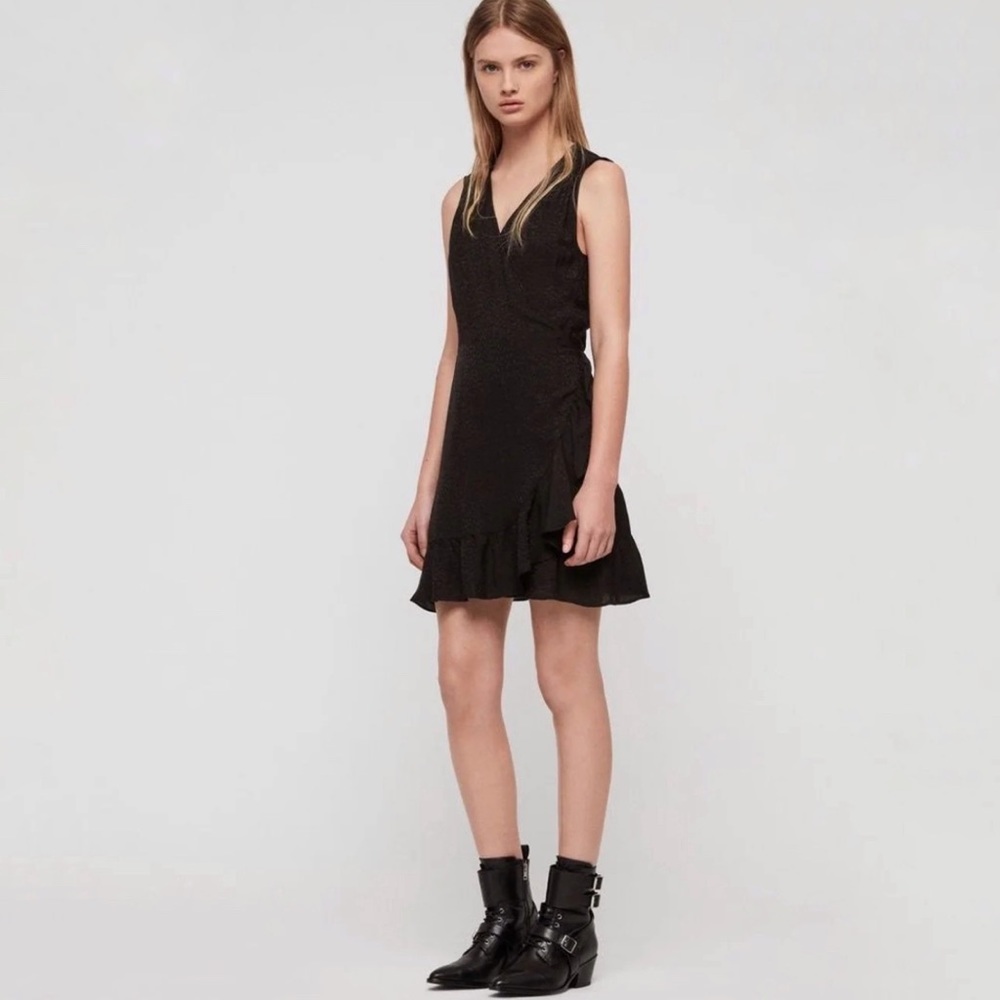 All Saints Krystal Black leopard print ruffle trim sleeveless wrap dress - Picture 6 of 13